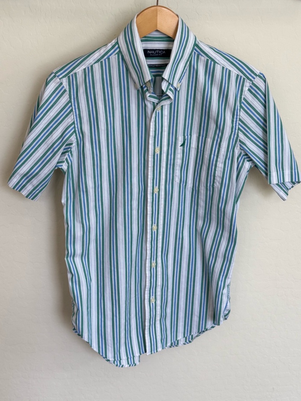 Nautica Men's Short Sleeve Striped Button Down Shirt Green/Blue/White Size XS